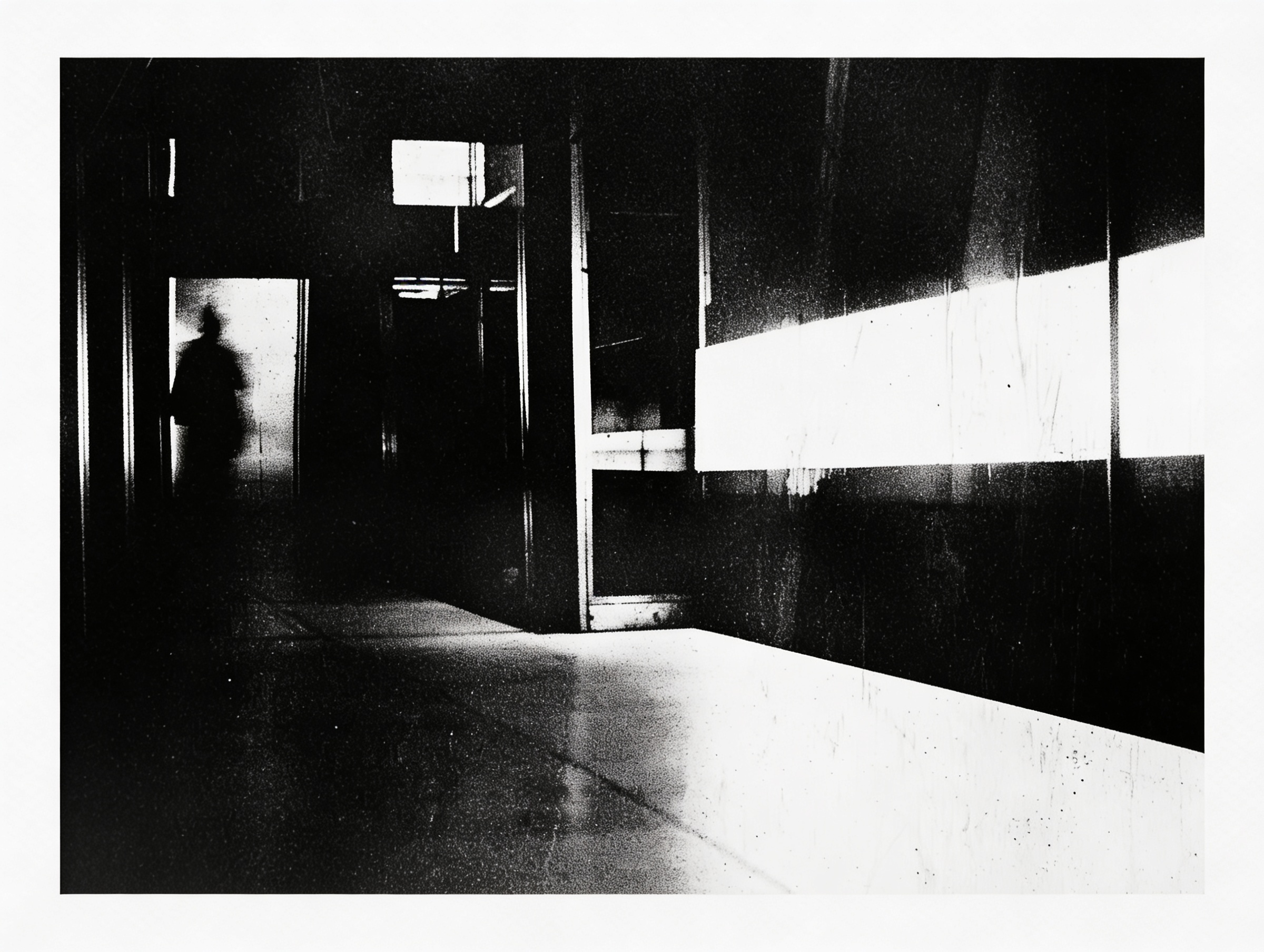 Dark monochrome corridor with a lone silhouette in the distance, representing uncertainty, transition and the hidden operational pressure inside scaling businesses.
