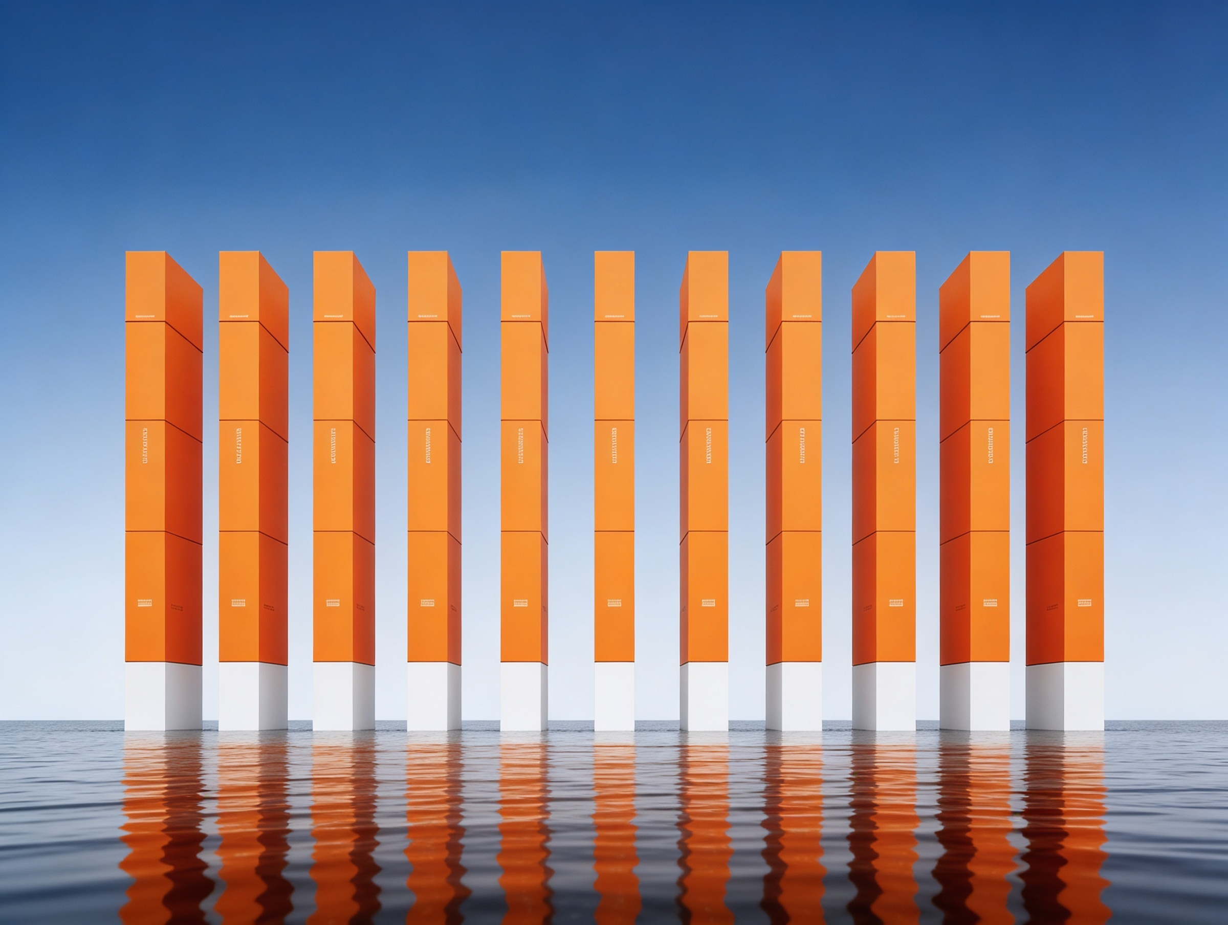 Repeating orange structural columns reflected in water, representing portfolio-level consistency and commercial methodology across multiple PE-backed businesses.
